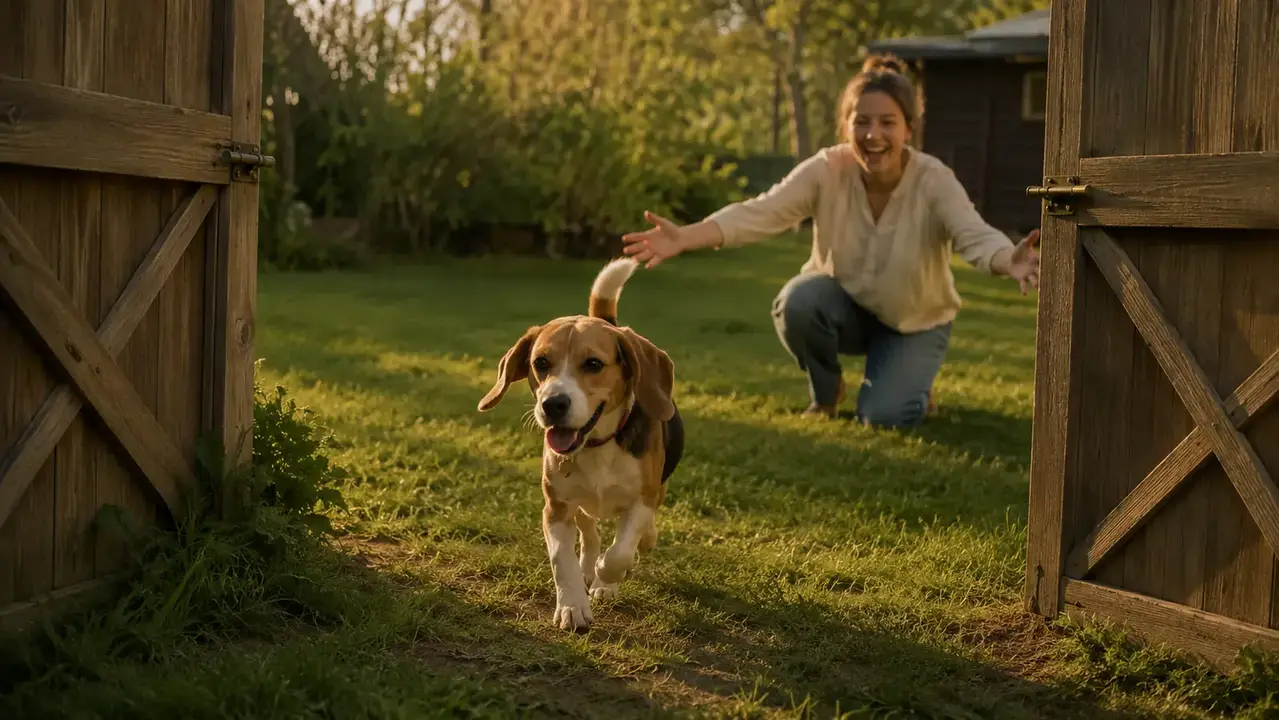 Beagle trotting happily back into a backyard gate held open by her owner