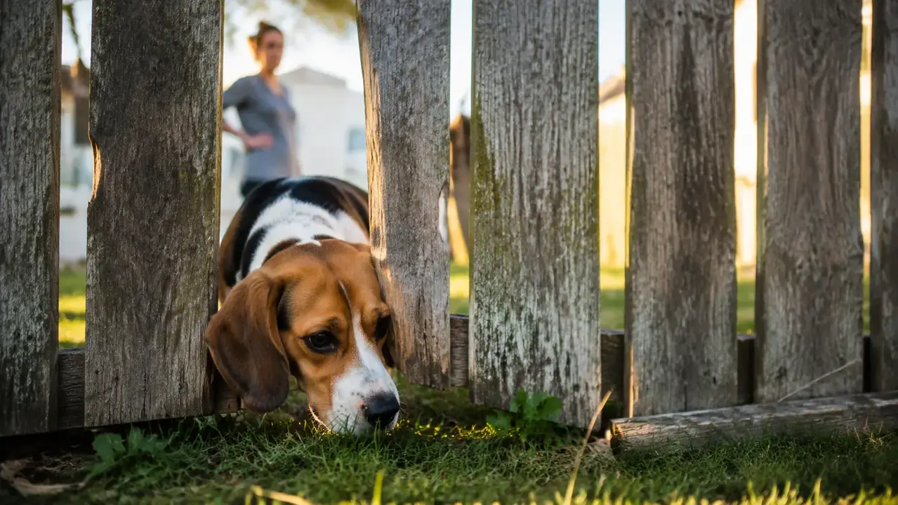 Beagle nose pressed against a wooden fence gap in a backyard on a sunny afternoon