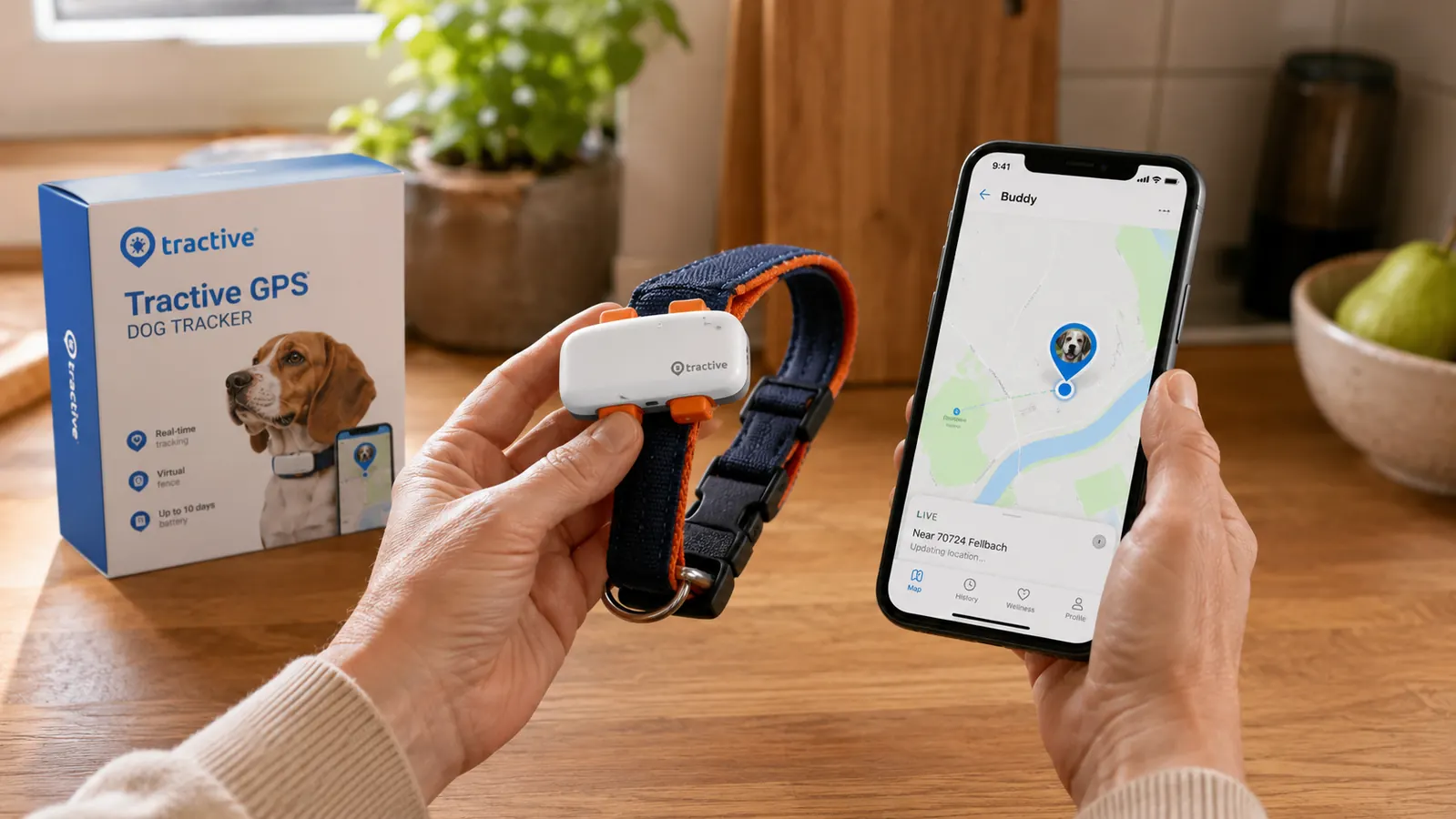 Tractive GPS tracker clipped onto a dog collar next to a phone showing the live map view