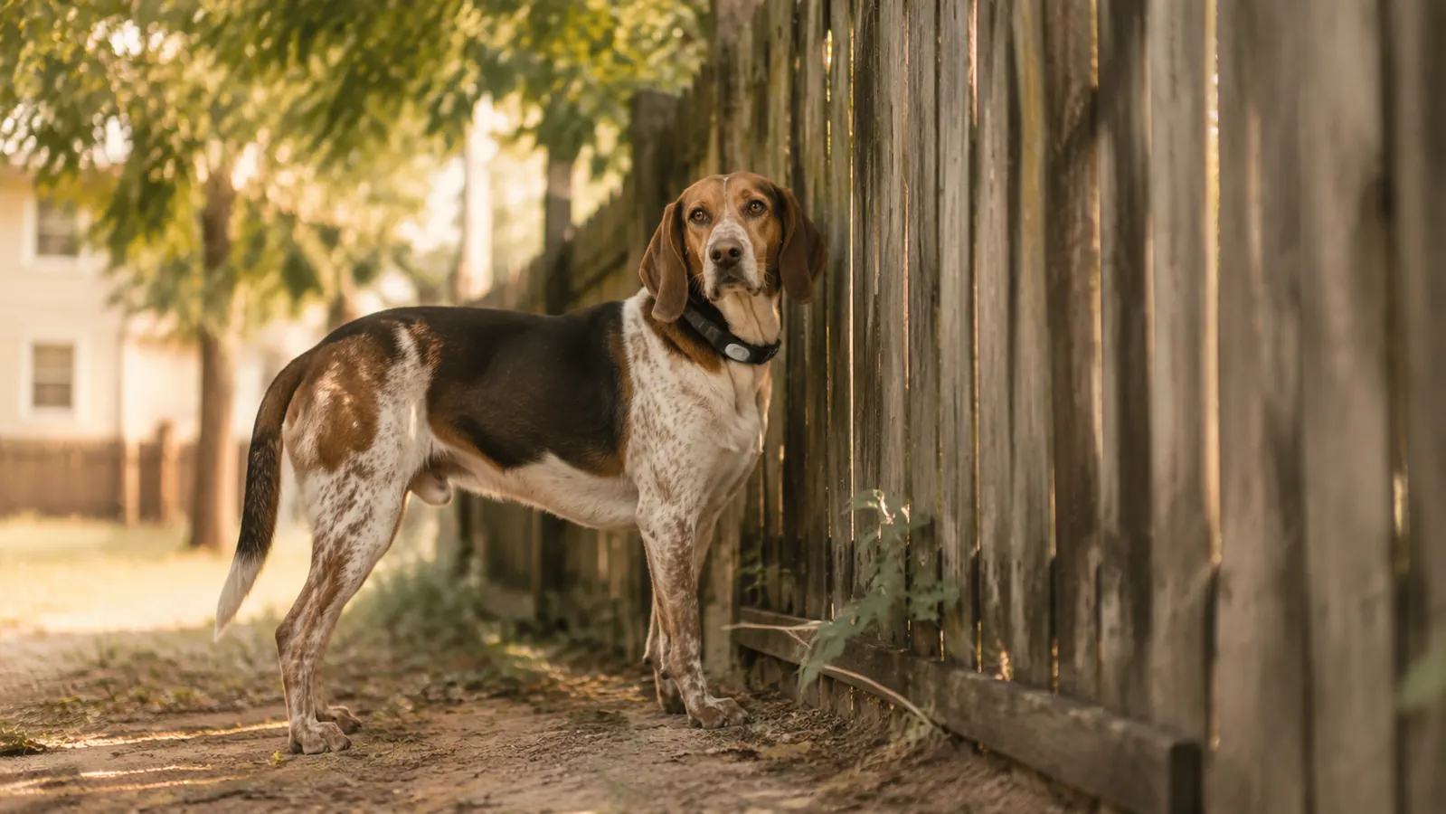 Beagle dog wearing a small GPS tracker on its collar, standing at the edge of a backyard fence in late afternoon light