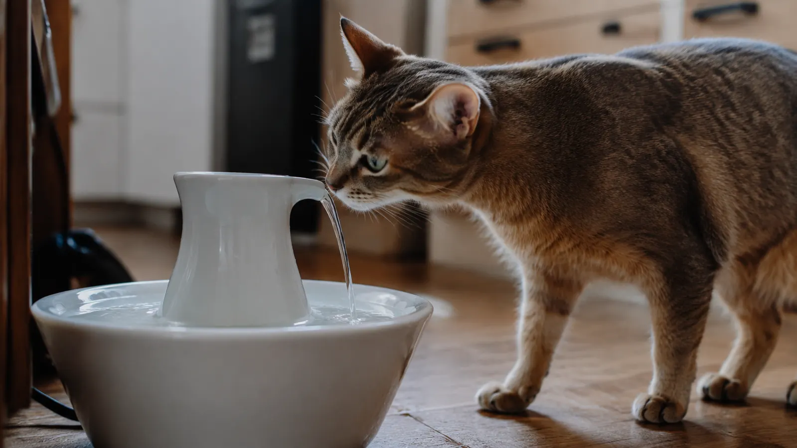 Cat sitting alertly beside a flowing pet fountain, ears forward, watching the water stream