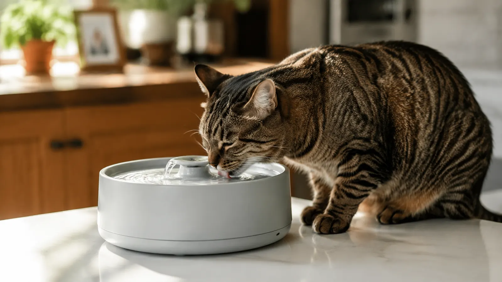 A tabby cat drinking from a flowing pet water fountain on a kitchen counter at golden hour