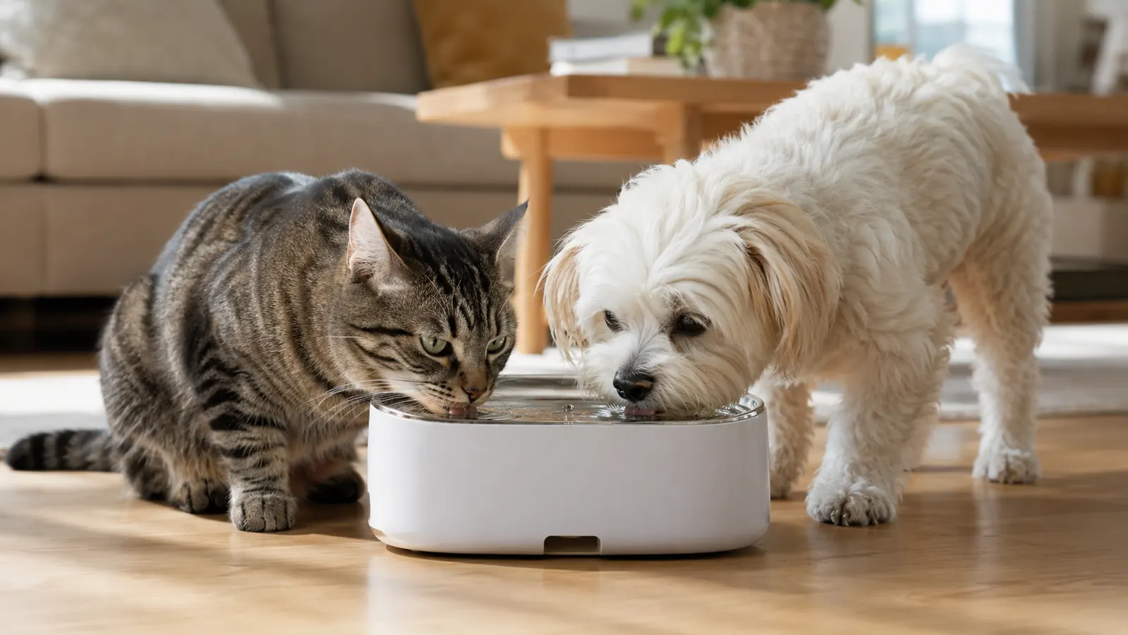 Orange cat and small terrier both drinking from the same Veken pet fountain simultaneously