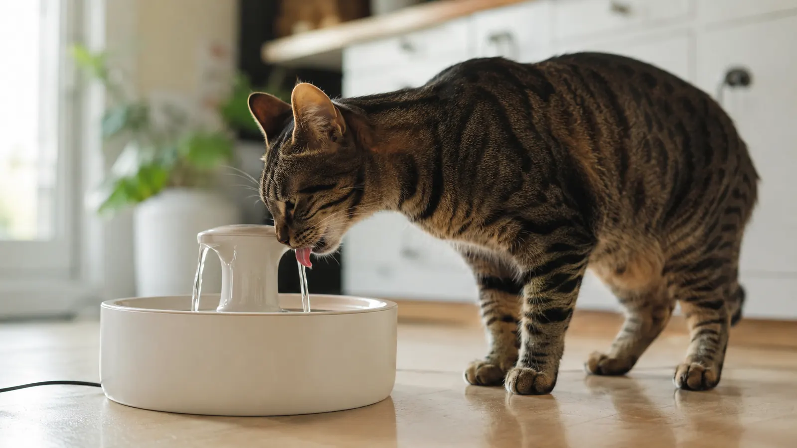 Veken 95oz pet fountain on a kitchen floor with a tabby cat drinking from the flowing stream