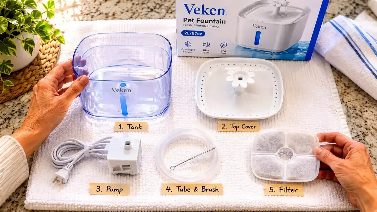 A disassembled Veken fountain with dome, filter, flower insert, pump, and reservoir laid out on a white kitchen towel