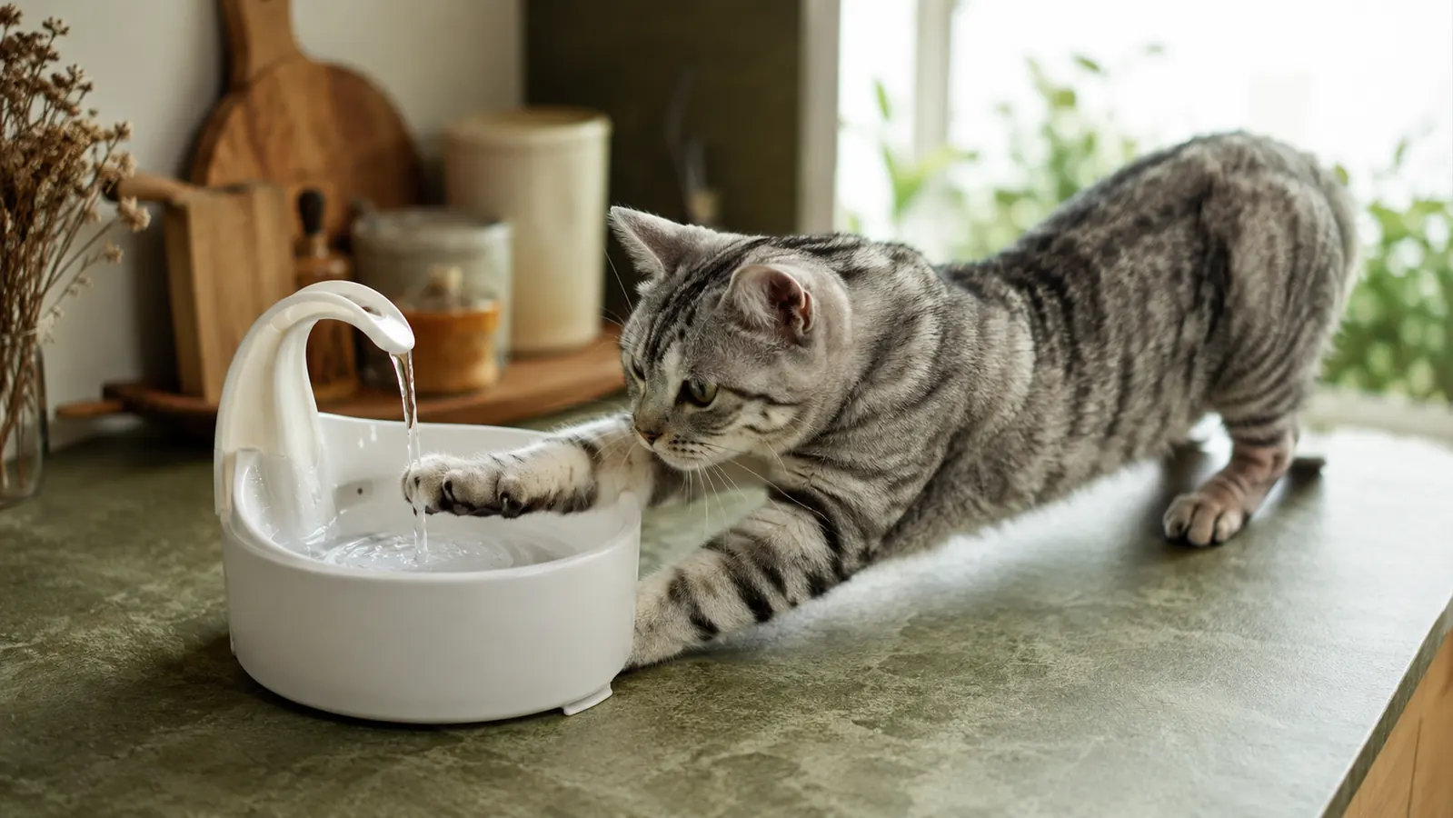 Veken 95oz pet fountain on a kitchen counter with a tabby cat drinking from the stream spout